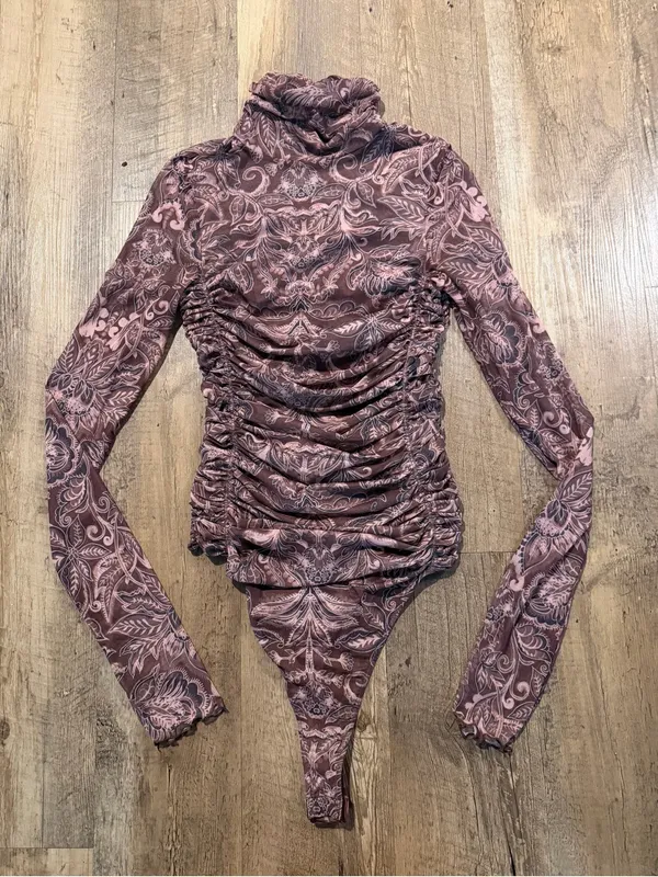 Free People Under It All Printed Mesh Bodysuit in Rust Combo Medium - Image 5