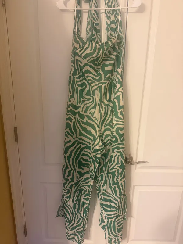 Very Classy Green Zebra-Print Halter Wide-Leg back less Jumpsuit by Lime Lush! - Image 3