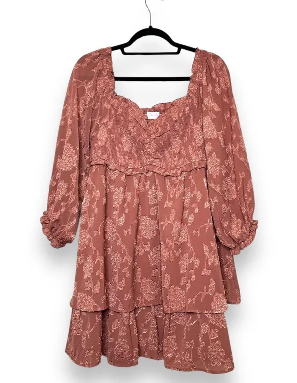 Pink Lily | Textured Floral Long Sleeve Cinched Bust Smocked Mini Tiered Dress L - Image 2