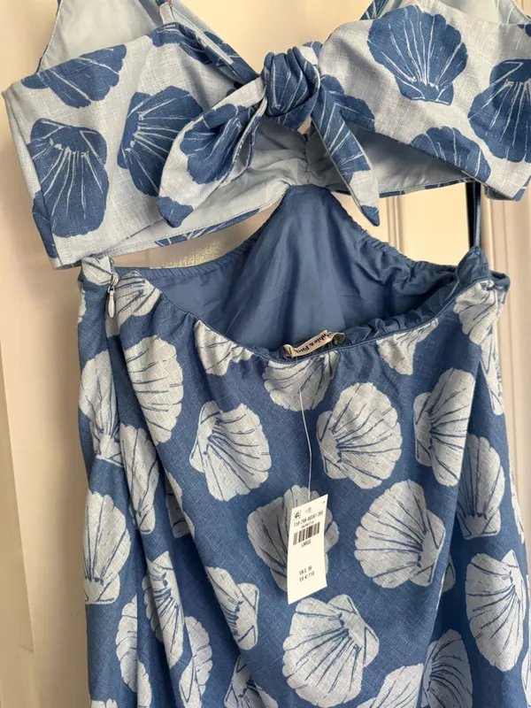 NWT Abercrombie Shell Print Cutout Twist Front Maxi Dress Blue Linen Size L - Image 7
