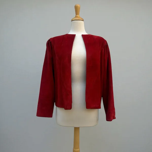 VTG 80s Suede Leather Jacket M Red Open Front Pleated Shoulder Bold Chic Casual - Image 2