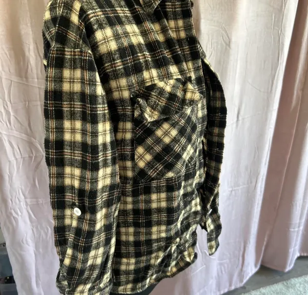 Black and cream plaid button-up flannel shirt - Image 2