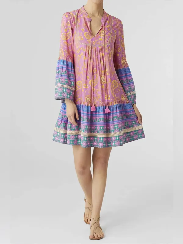 Coco + Carmen Boho Paisley Tunic Dress Pink Blue Tassel Tie Size L/XL Hippie - Image 7