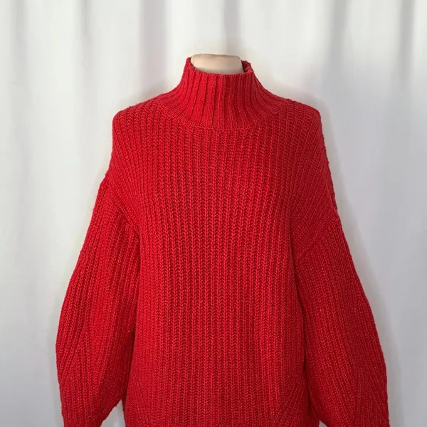 Anthropologie MAEVE Solid Red Shaker Knit Sweater Mockneck Pullover Fleck Medium - Image 3