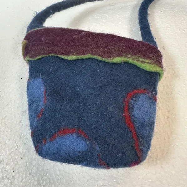 Handmade Wool Coin Purse Handbag Made in Nepal Small Zip Top Blue Purple Flower - Image 5