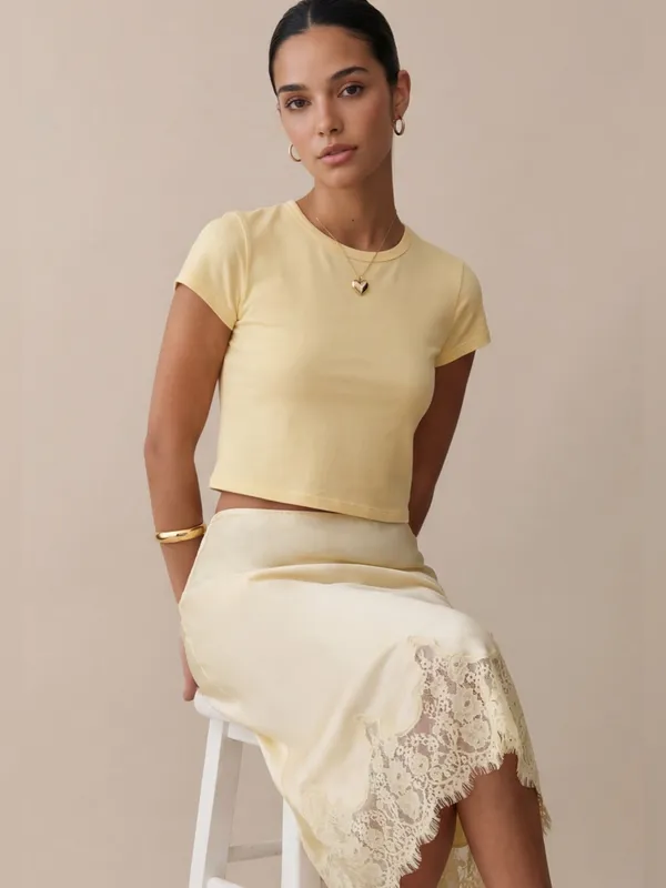 NWT Evren Silk Midi Skirt size Small S Lace trim butter yellow o.p.t - Image 3