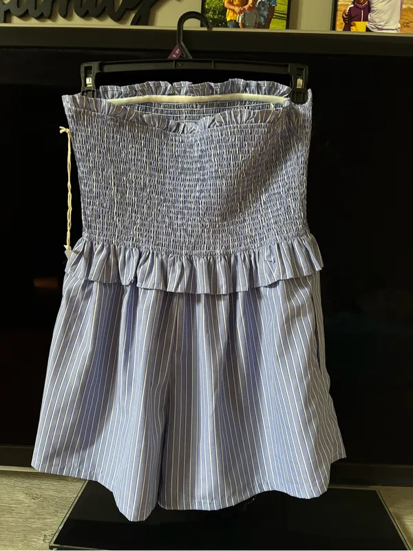 Lumiere Blue & White Striped Smocked Strapless Romper - Image 6