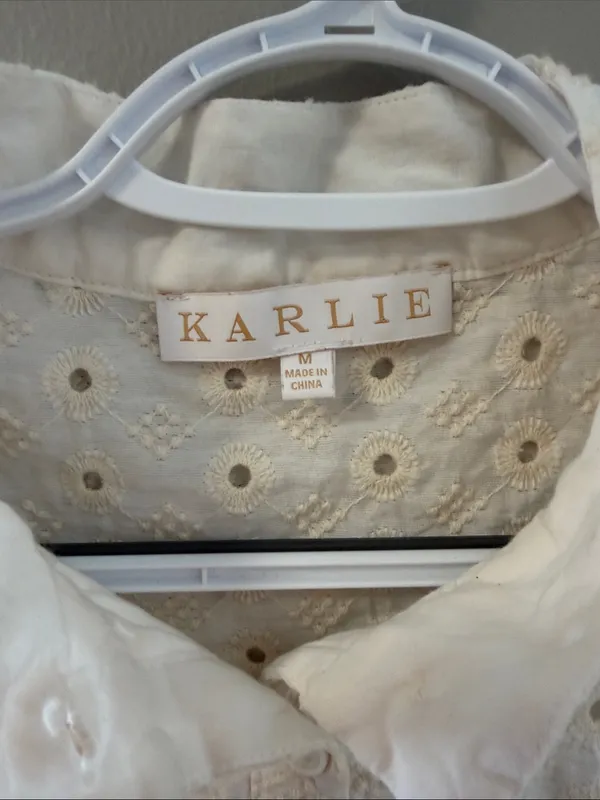 $198 Karlie Cream Eyelet Button-Front Ruffle Mini Dress M - Image 4