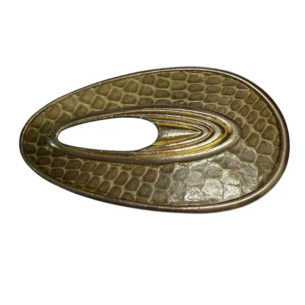 Vintage 80s Gray‎ Leather Wide Waist Belt Gold Snakeskin Look Statement Buckle - Image 6