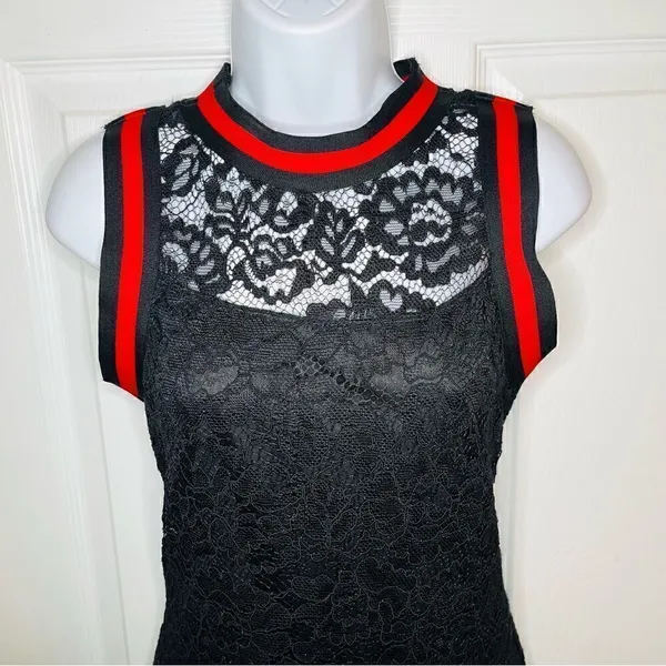BAKU Fitted Black Lace Midi Dress Red Stripe Trim S - Image 2