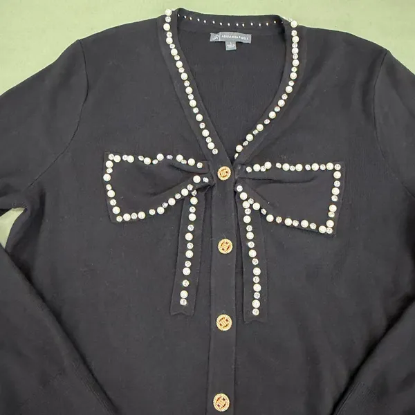 Adrianna Papell Black Pearl Rhinestone Bow Cardigan Sweater Gold Buttons Large - Image 4