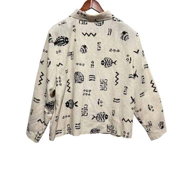 Vintage Briggs Women‎ Coastal Grandma Nautical Top 2X Beige Fish Artsy Print - Image 2