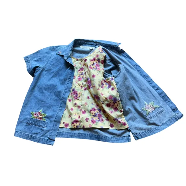 Vintage Lemon Grass Denim Shirt Jacket Embroidered Floral Women's PM NWT - Image 7