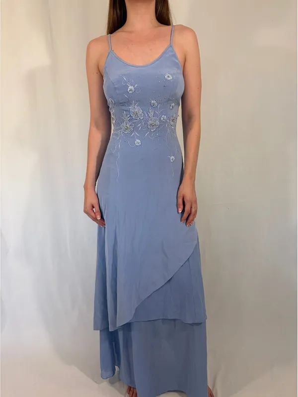 Beaded Embroidered Powder Blue Vintage Evening Dress - Image 5
