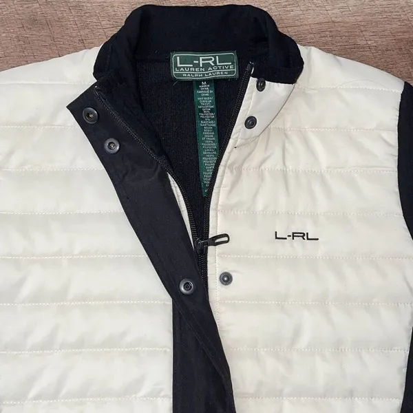 L-RL‎ Ralph Lauren Active Womens Quilted Front Zip Up Jacket Black Cream Medium - Image 4
