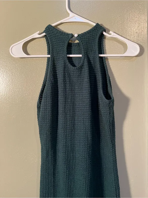 Women’s Size Medium Sleeveless Bodycon Mini Dress Dark Green High Neck Keyhole - Image 9