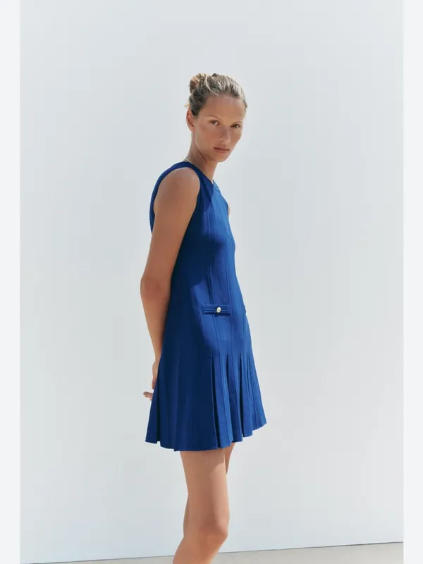 Zara Royal Blue Sleeveless Pleated Mini Dress - Image 4