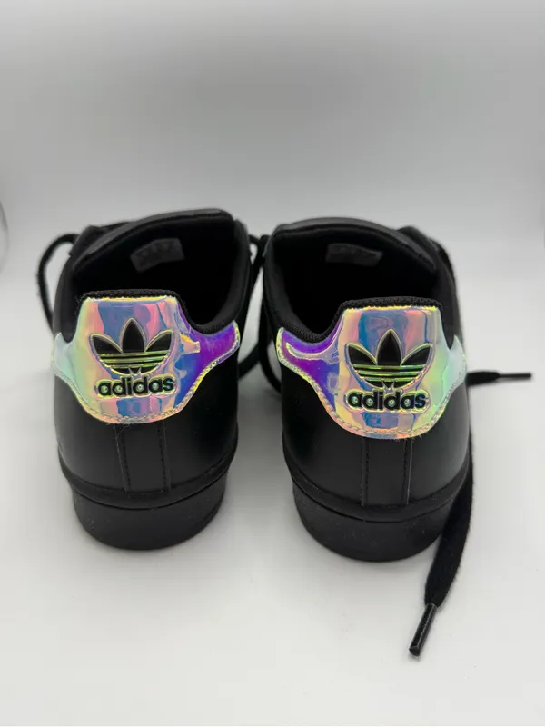 adidas Black Superstar Sneakers with Iridescent Stripes Size 7.5 - Image 4