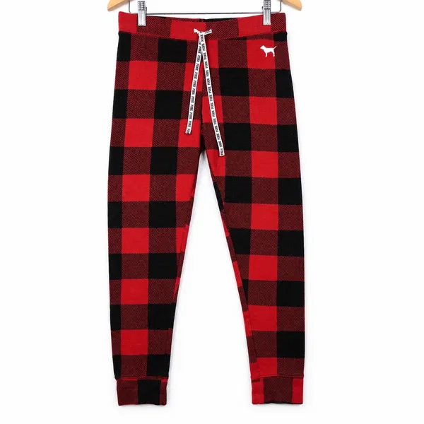 PINK Victoria's Secret Sleep Set Waffle Knit Women M Red Black Buffalo Plaid - Image 10