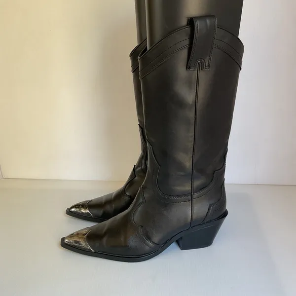 ZARA Women’s Black Western Cowboy Boots Size 37 US 6.5 Silver Metal Toe Y2K - Image 8