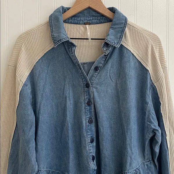 FREE PEOPLE Kenny Denim Mini Dress Tunic Waffle Raw Hem Boho Babydoll Size S - Image 7