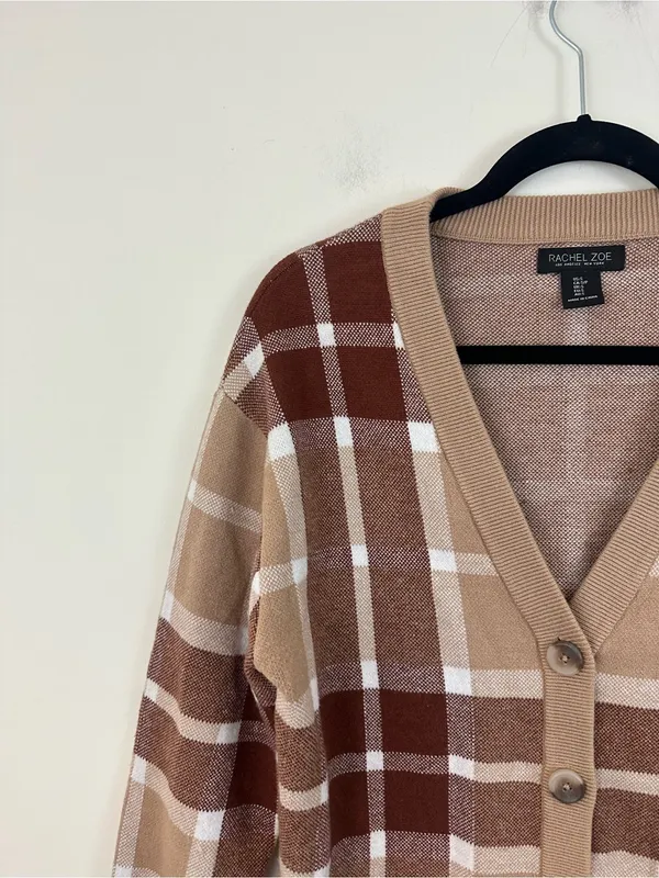 Rachel Zoe Brown Plaid Button-Front Cardigan Sweater Size Small - Image 2