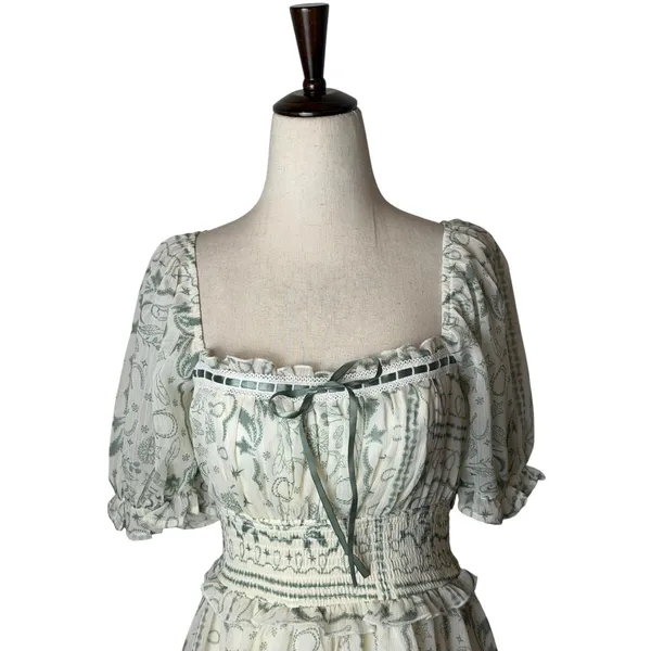 Francescas Mini Dress Women Small Green Toile Western Print Smocked Tiered Boho - Image 3