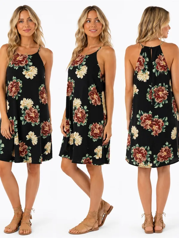 Ecote Entro Black Floral Halter Neck Swing Dress Medium Pockets - Image 2
