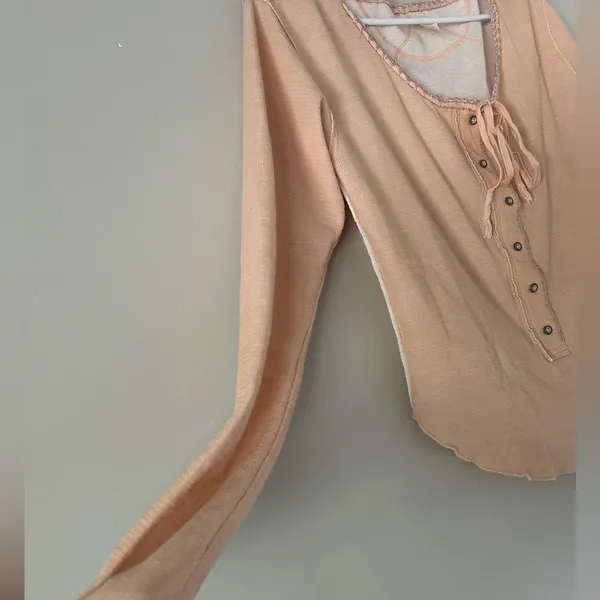 We The Free People Pink Cecelia Coquette Henley Bow Long Sleeve Top Size Large - Image 6