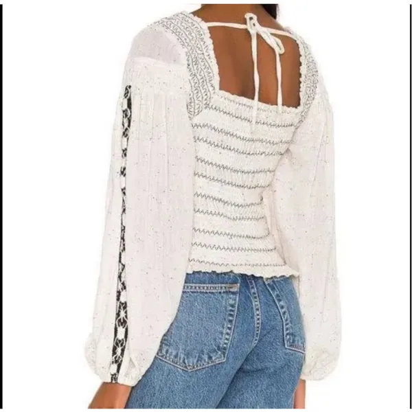Free People Maggie Medium Embroidered Top Square Neck Smocked Puff Sleeves Ivory - Image 2