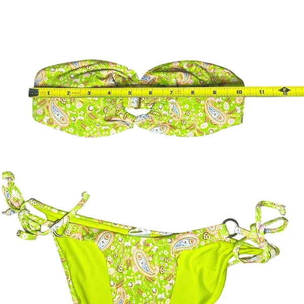 Ribbed Paisley Bandeau Bikini Side Tie Cheeky Small Neon Lime Green Bathing Suit - Image 5