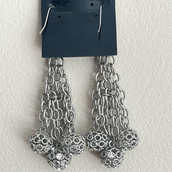 Dangle Earrings Silver Tone Chains Openwork Filigree Balls Fashion Jewelry 3.5in - Image 6