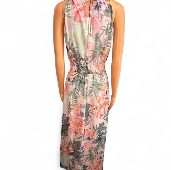 Guess multicoloured floral maxi dress Size S. Lightweight halter maxi with a tropical floral print. Blush pink and soft green tones. Elastic waist for a flattering fit. Sleeveless and flowy for warm days. - Image 2