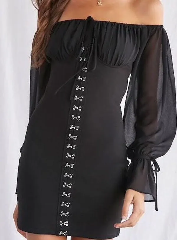 Long Sleeve Eyelet Black Pirate Mini Dress - Image 4