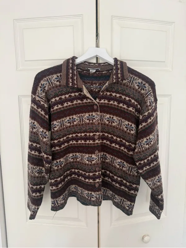 Vintage Kathy Ireland Brown Cream Fair Isle Chunky Cardigan Sweater Size Medium - Image 2