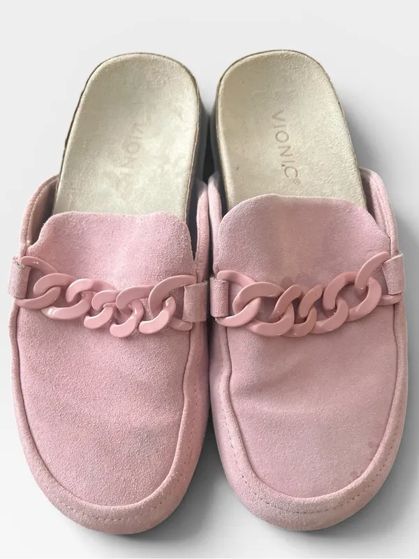 Vionic Georgie Blush Rose Pink Suede Chain Mule Loafers Size 7 Orthotic Comfort - Image 2