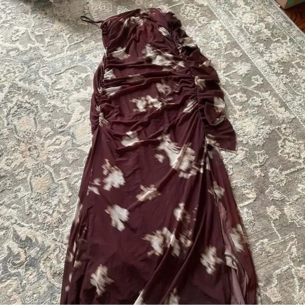 BHLDN Floral Burgundy Ruched Strapless Gown - Image 2