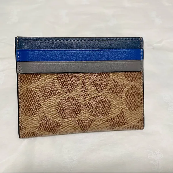 NWOT Coach Canvas Leather Card Case Wallet with signature logo brown blue - Image 3