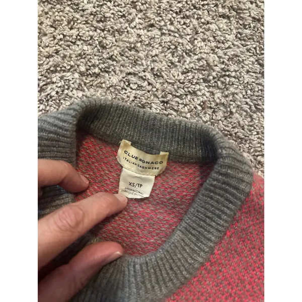 Club Monaco Italian Cashmere Sweater‎ Coral Pink Grey Trim Crew Neck XS q2645 - Image 3