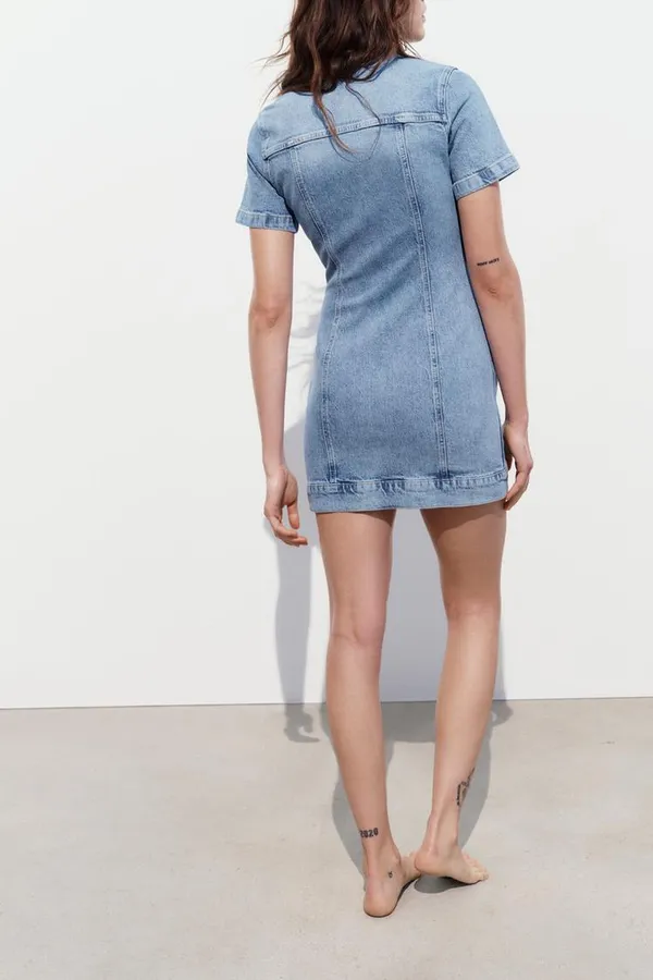 ZARA Dress mini denim jeans button up collar casual short sleeve - Image 4