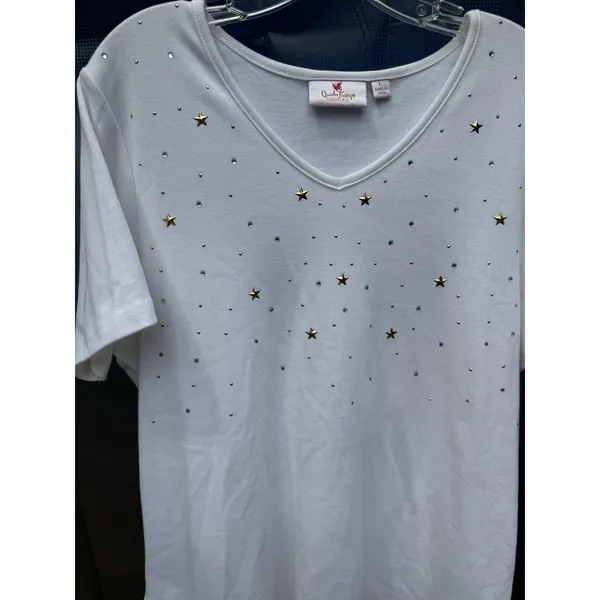 Women's V-Neck Quacker Factory SZ L White Embellished Star Rhinestones Gold Silv - Image 2