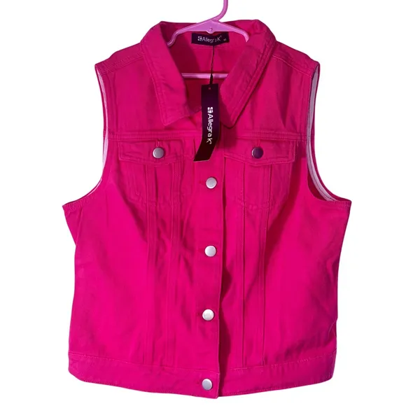 NWT Allegra K Fuchsia Denim Vest Button Front Flap Pocket Slim‎ XS - Image 5