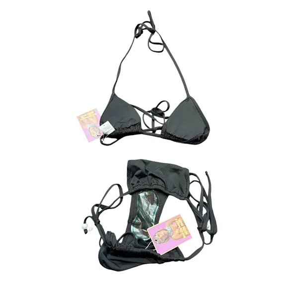 Strawberry Milk Bob Triangle Bikini Set Small Black Pearl Floral Beaded NWT - Image 3