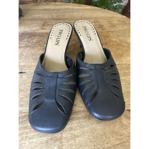 Two Lips LIA Black Leather Kitten Heel Mules Women’s Size 7.5M Made in Brazil - Image 2