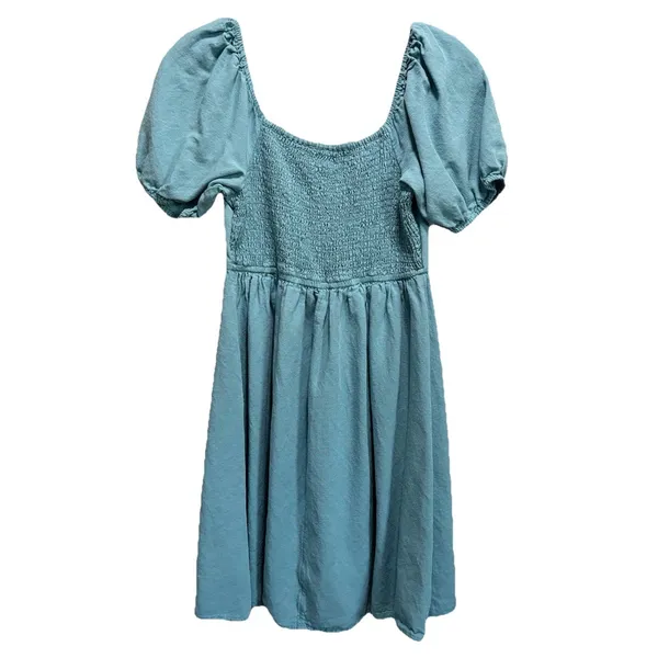 Jopna Blue Midi Short Puff Sleeves Dress Size M Smocked Back Tie‎ Front Lined - Image 6