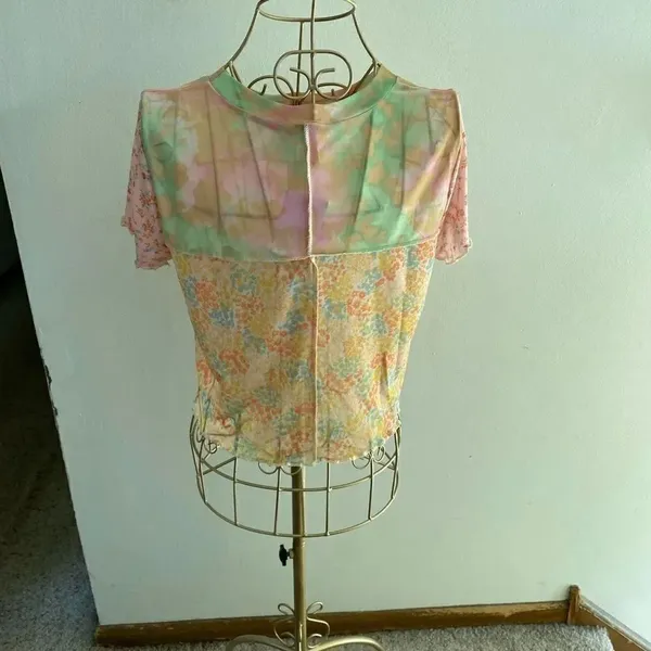 BP Nordstrom Patchwork Crop Top Short Sleeve Ruffle Hem NWT Size L Pink - Image 5