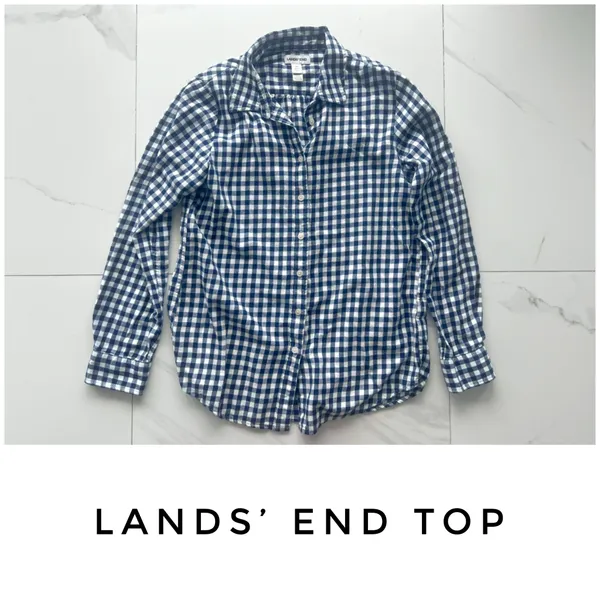 Lands’ End top size Medium blue white gingham checkered flannel - Image 2