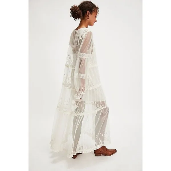 Free People Cream Stevie Embroidered Mesh & Lace Maxi Dress Celestial Fairy New - Image 2