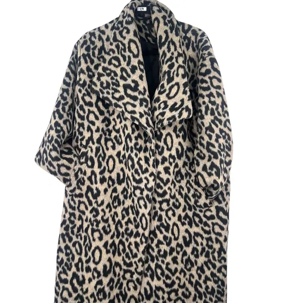 Leopard Fleece Trench Long Jacket Coat Animal Print Womens M Fur Fuzz - Image 2