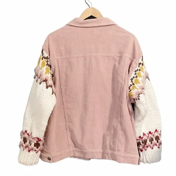 POL Jacket Sz Large Pink Corduroy Fair Isle Sweater Knit Sleeve Boho Trucker - Image 2